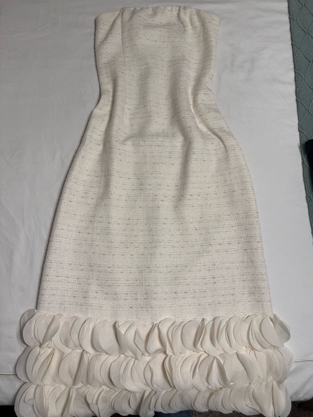 Tea Length Tweed Like Strapless Dress with Fun Accents on Bottom